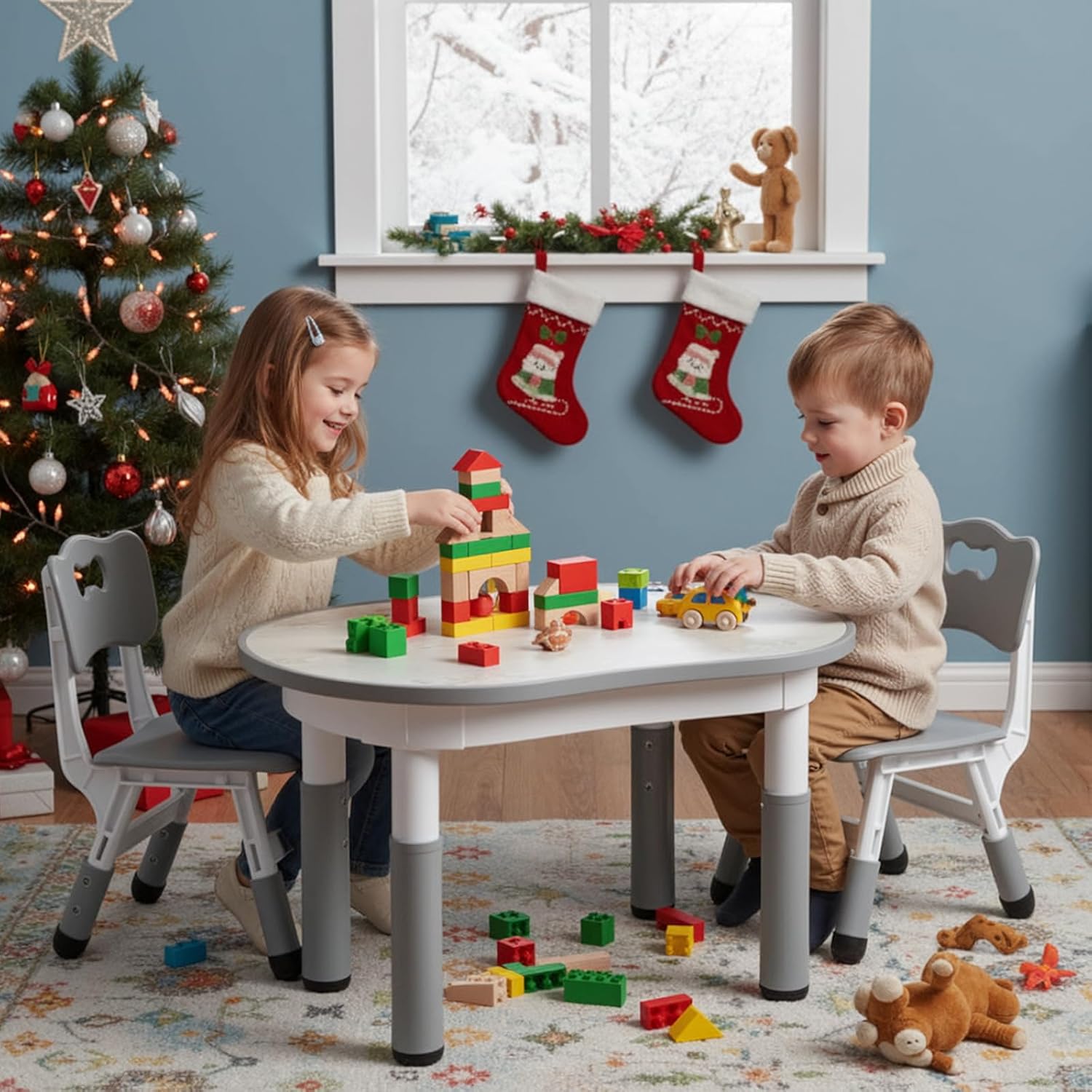 Detalle de Clevich Kids Table with 2 Chair Sets — Height Adjustable Peanut-Shaped Art Table for Ages 2–10