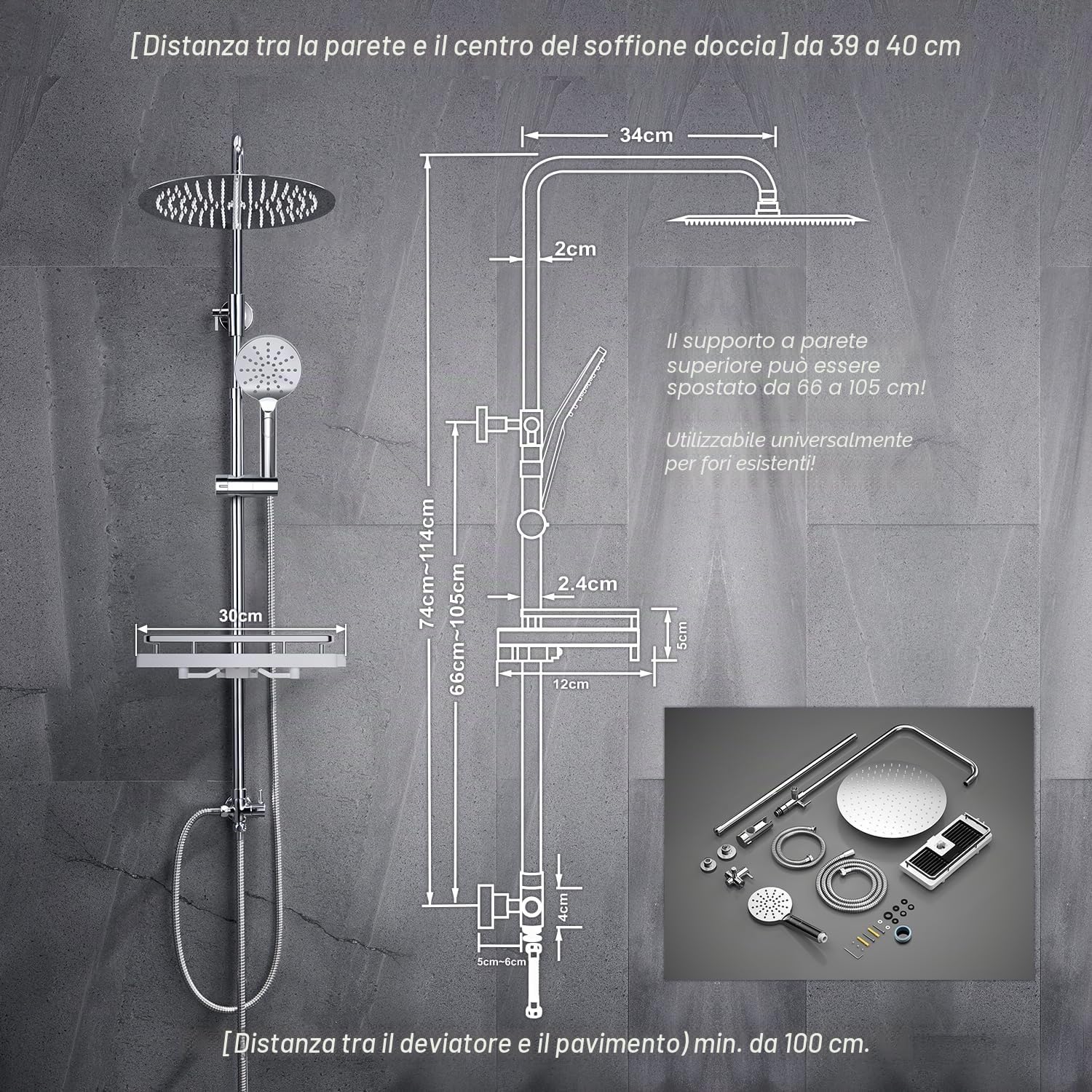 Detalle de JOHO Colonna Doccia in Acciaio Inox – Set completo con mensola e soffione a pioggia, D30 cm