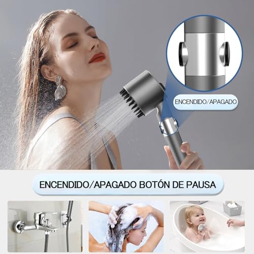 Detalle de Alcachofa de Ducha de Alta Presión Searoads: 4 modos, filtro 3 capas y manguera de 1,5 m