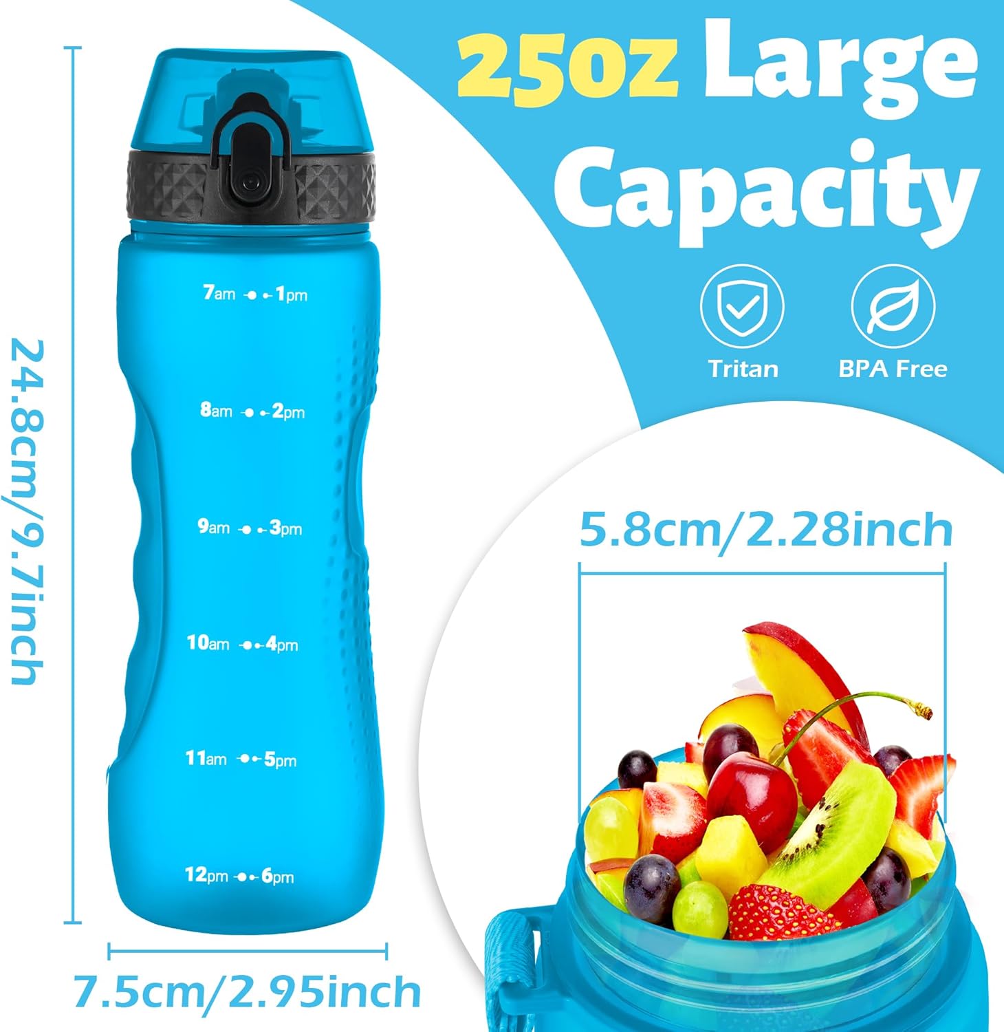 Thumbnail 4 de OLDLEY 750ml / 25oz Straw Water Bottle (BPA-free Tritan) with Leakproof Lid, Time Markings & Carry Strap