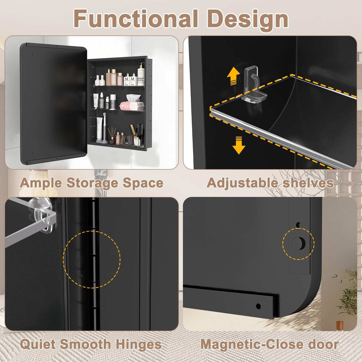 Thumbnail 6 de Venlus Black Medicine Cabinet with Mirror, 20x28 Inch – Fully Assembled, Recessed or Surface Mount