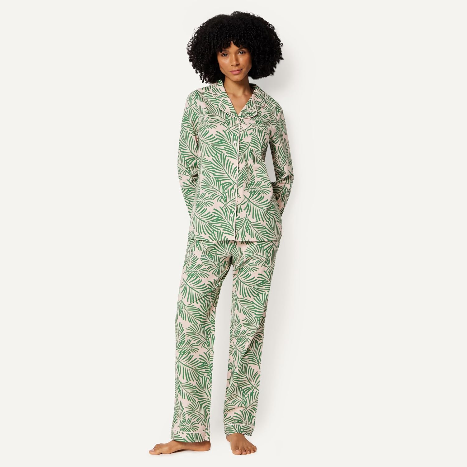 Detalle de Amazon Essentials Women's Cotton Stretch Poplin Pajama Set (Long Sleeve Shirt + Pants)