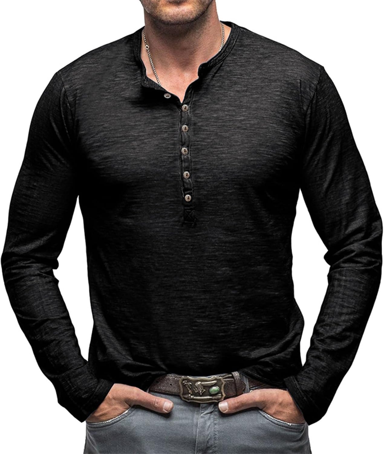 Thumbnail 6 de Henley Langarm T‑Shirt Herren – Langarmshirt mit Knopfleiste, V‑Ausschnitt, Vintage Slim Fit (M–3XL)