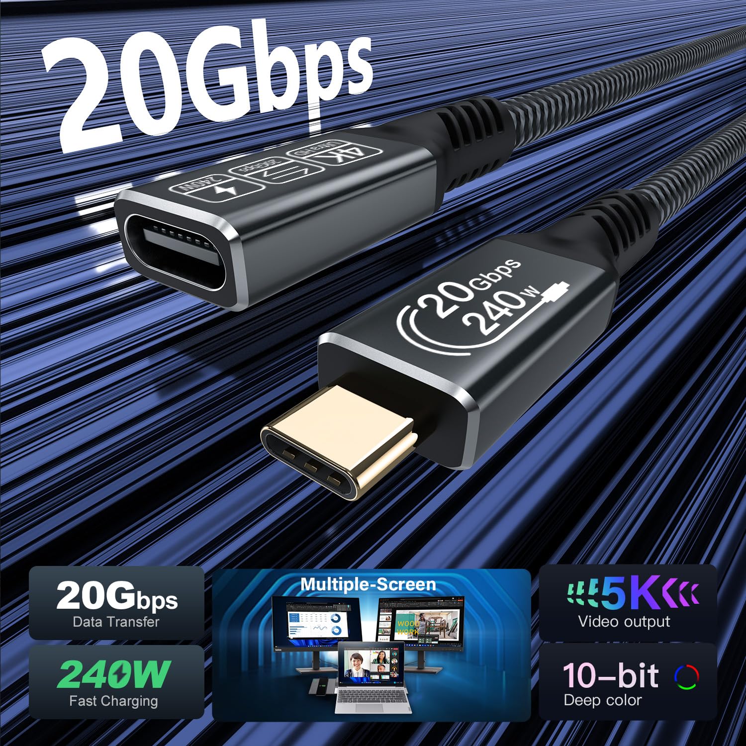 Thumbnail 1 de CAKOBLE USB C Extension Cable 0.25m: USB-C 3.2 Gen 2x2, PD 240W, 4K@60Hz