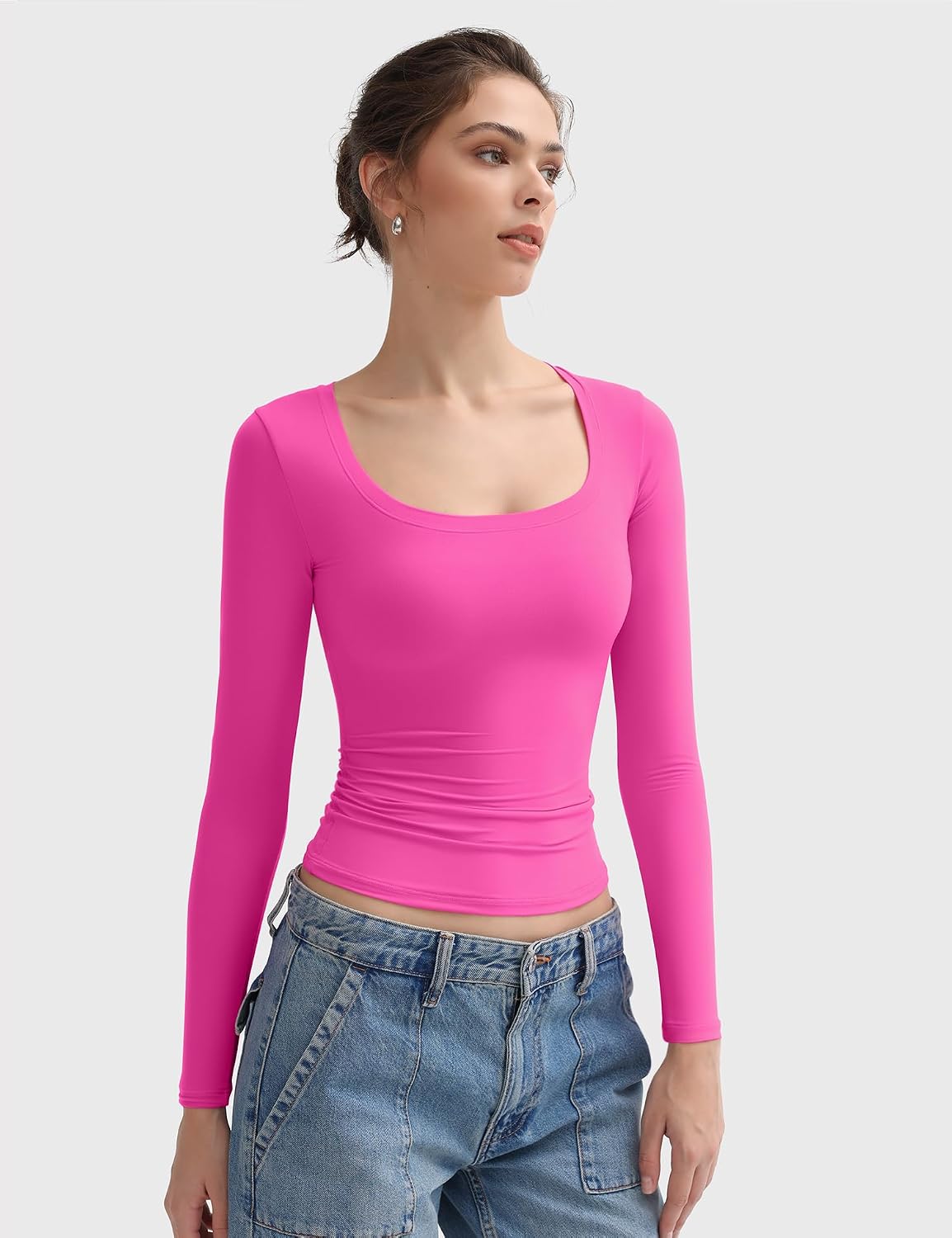 Detalle de PUMIEY Smoke Cloud Women's Long Sleeve Scoop Neck Tee, Double-Lined Slim Fit