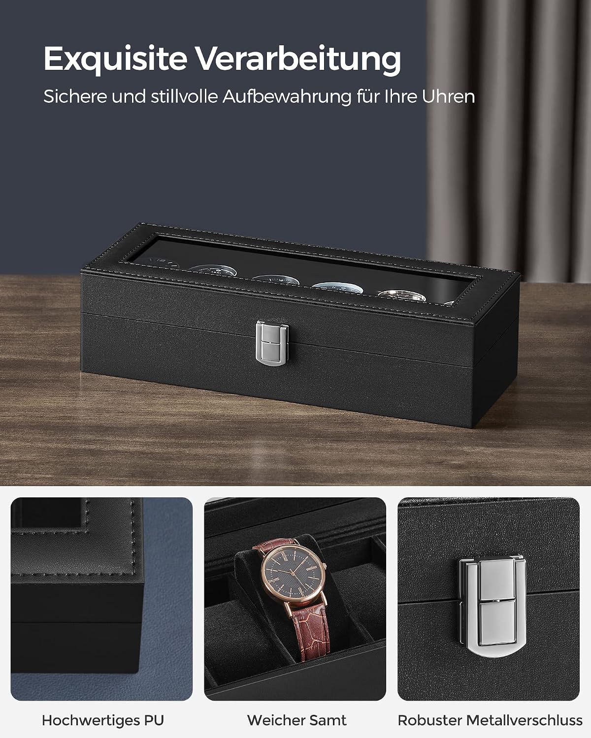 Detalle de SONGMICS Uhrenbox mit 6 Fächern und Glasdeckel – Sichtbarer Schmuck für Ihre Uhrensammlung