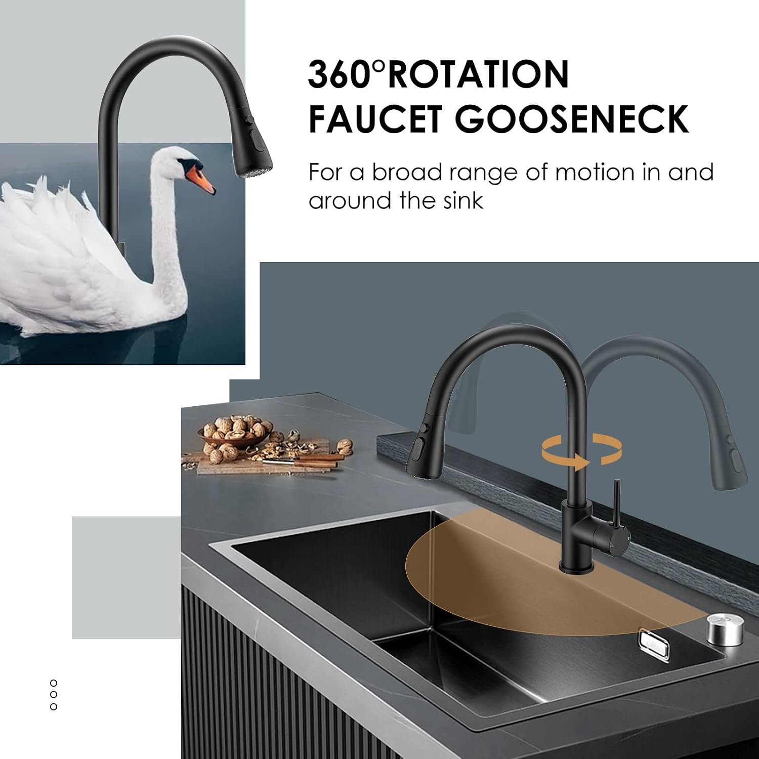 Detalle de Peppermint Black Kitchen Tap with Pull Out Spray – 3-Mode High Arc Mono Mixer