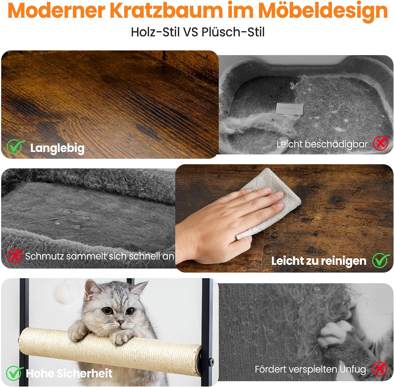Detalle 2 de Kratzbaum 122 cm hoch aus Holz – Katzenbaum Vintage Braun mit Sisal, Höhle und Plüschkissen