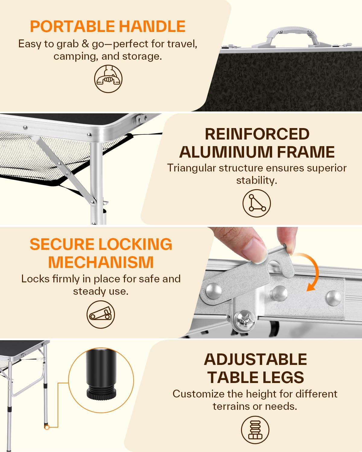 Detalle 1 de Sportneer Y21-80601-52 Folding Camping Table, Adjustable Height with Mesh Storage