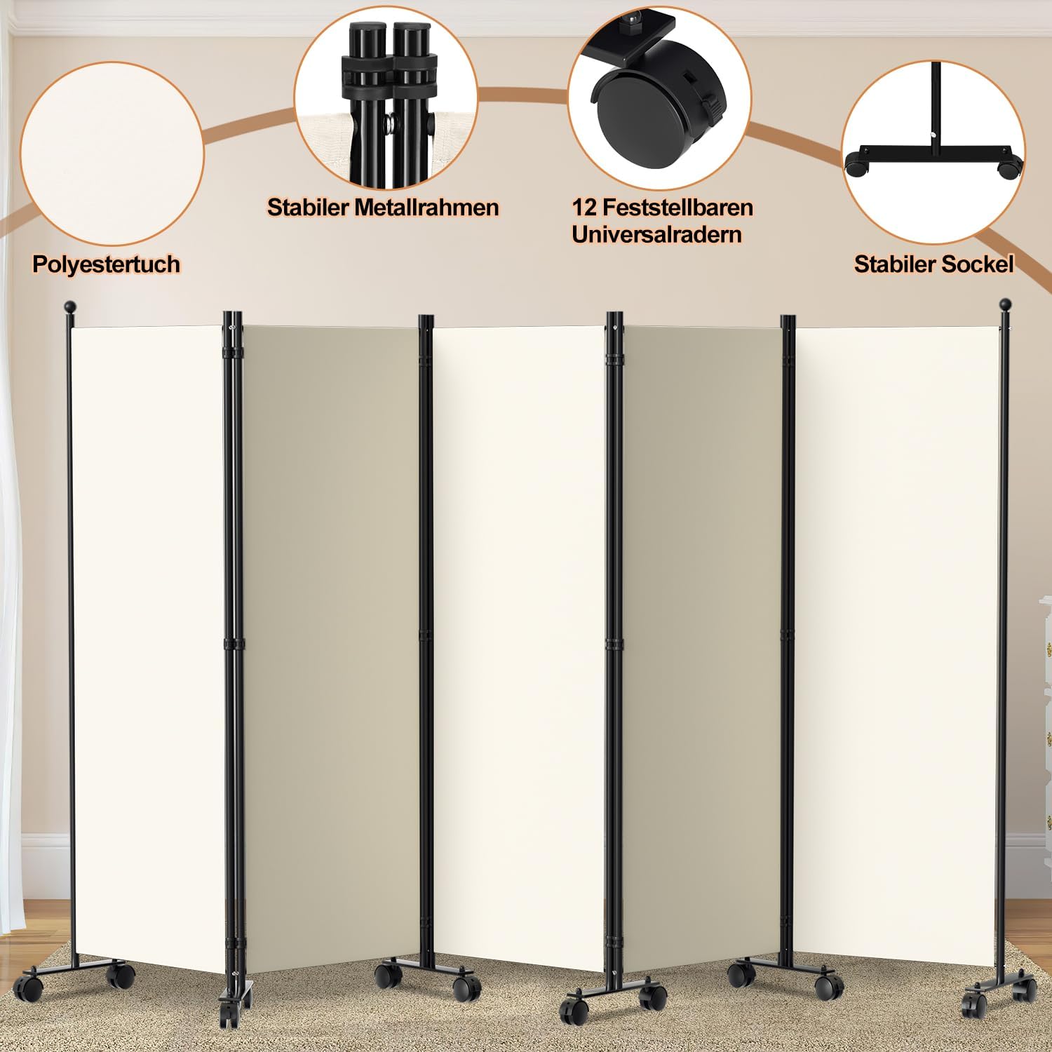 Thumbnail 2 de Vigevee faltbarer Raumteiler mit Rollen, 5-teilig (284 × 181 cm) – Paravent auf Stoff, beige
