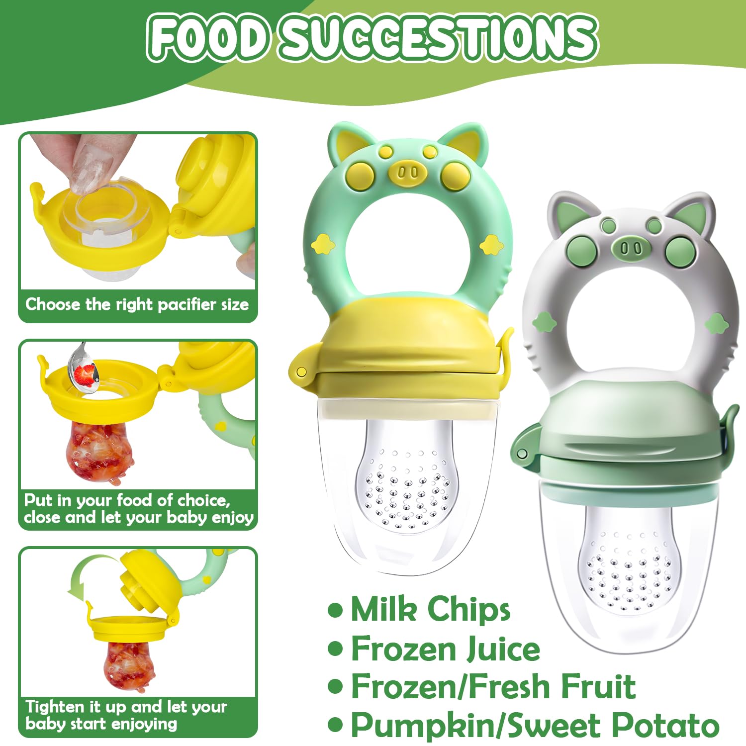 Detalle de Fruchtsauger Baby – 2 Stück Obstschnuller zum Befüllen, 2024 Upgrade, BPA-frei, Breisauger, 8 Silikon-Sauger in 3 Größen