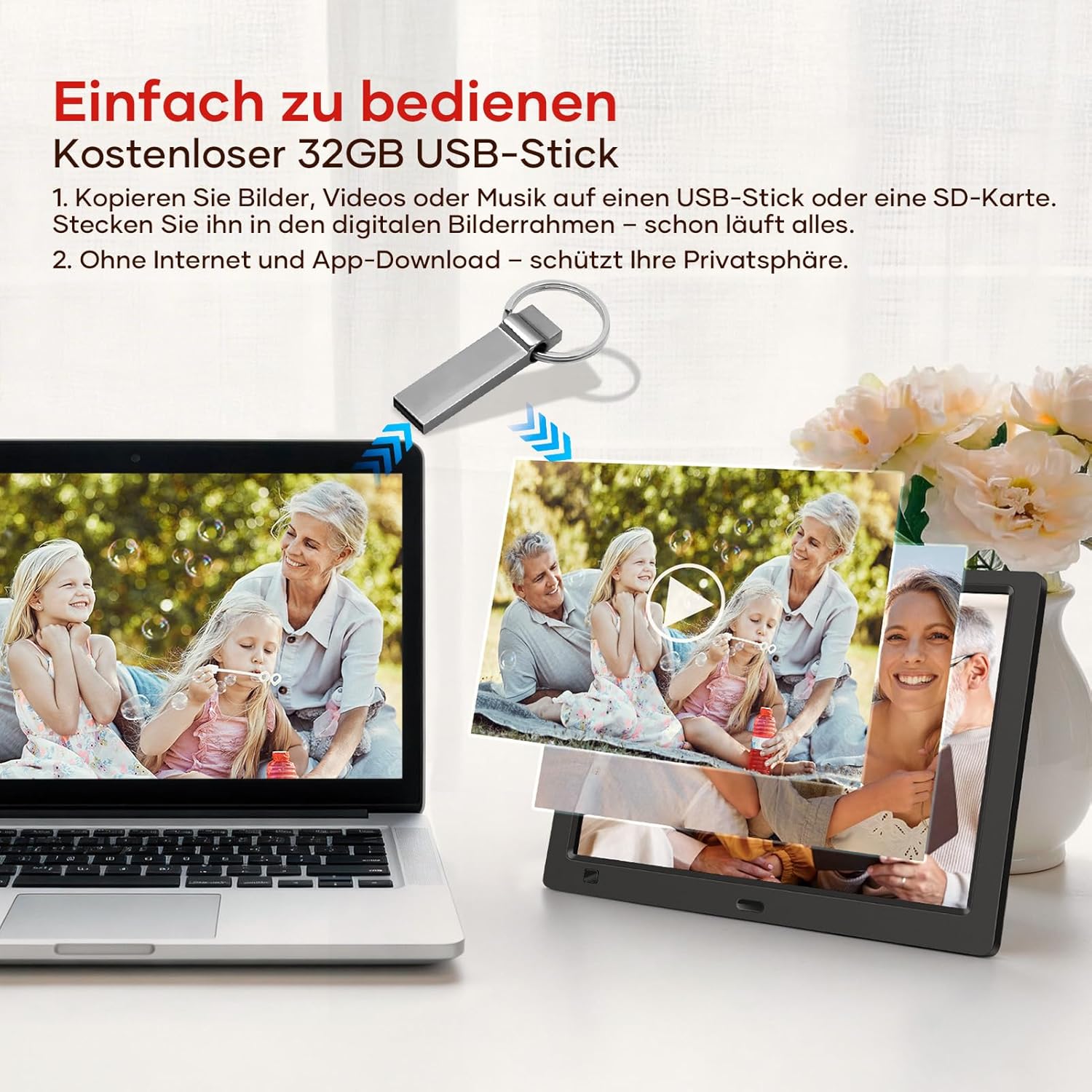 Detalle de Digitaler Bilderrahmen ohne WLAN 10,1 Zoll IPS – 32 GB USB-Stick, Bewegungssensor & Wandmontage