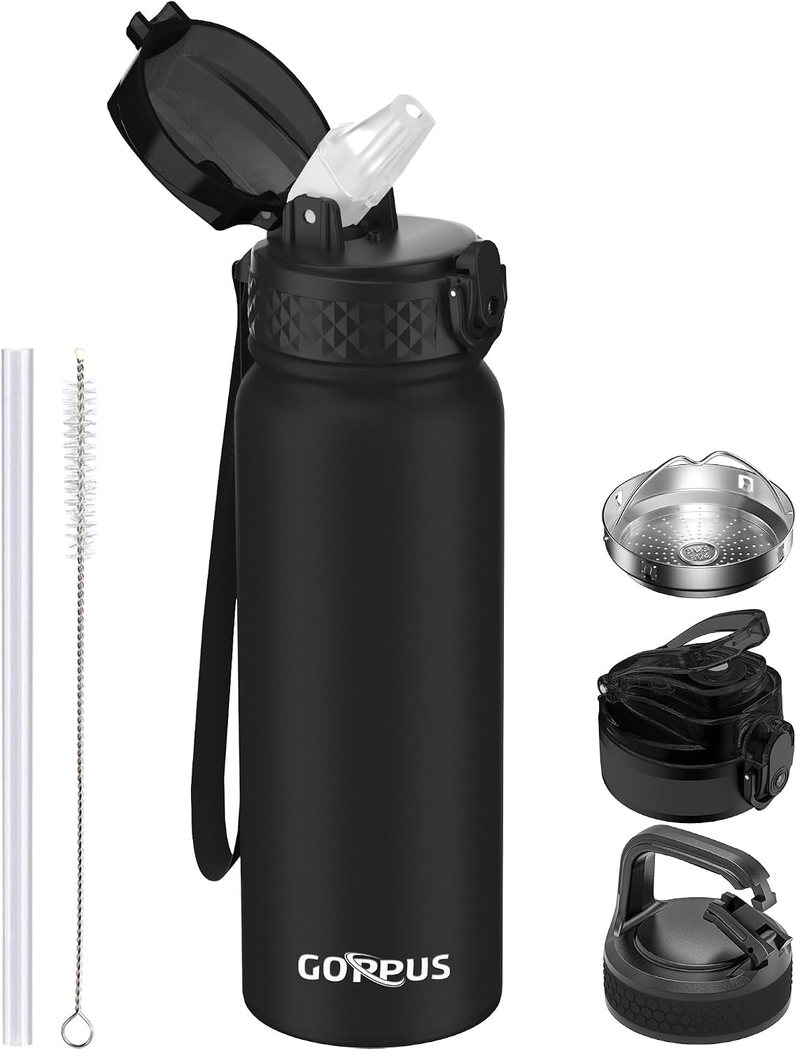 Detalle de GOPPUS 600ml/20oz Stainless Steel Water Bottle with Straw and Leakproof Flip Lid