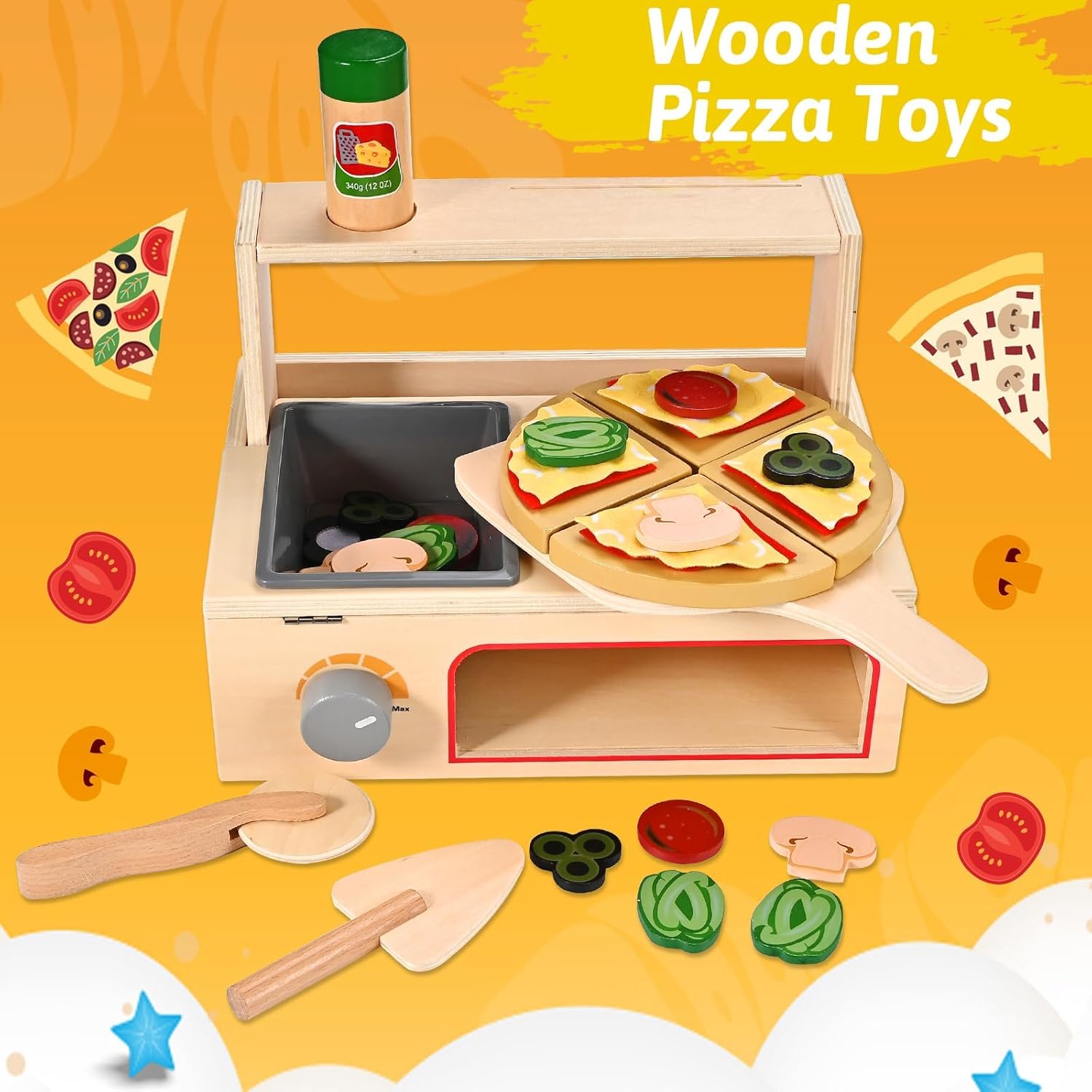 Thumbnail 3 de Wooderma 50-Piece Wooden Pizza Toy Set for Role Play, 3–7 Years