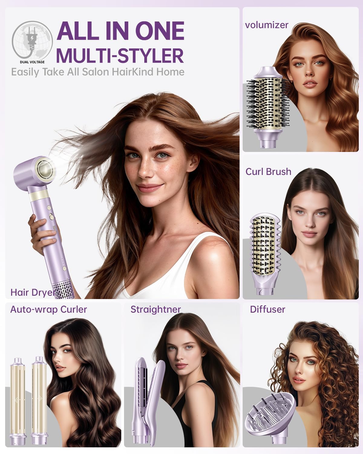 Thumbnail 2 de Hair Dryer Brush 8-in-1 Dual Voltage Hot Air Styler (110,000 RPM) with Straightener & Curler Attachments – Purple
