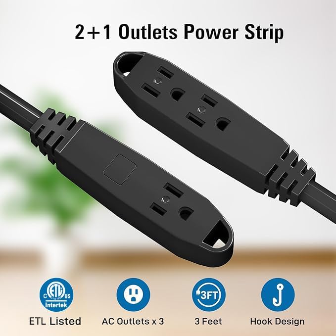 Detalle de K KASONIC FL-110A 25-Foot 3-Outlet Grounded Extension Cord, Black