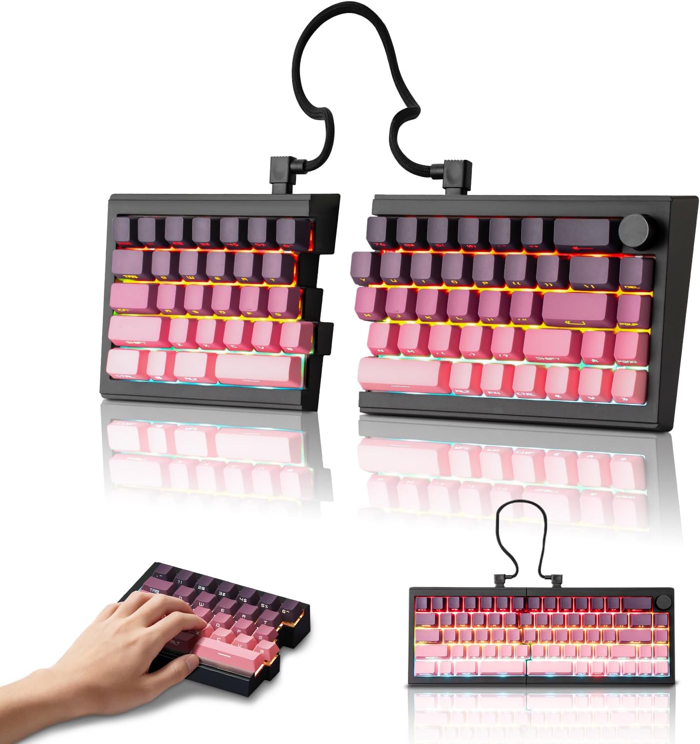 Detalle de ZORNHER ST68 Wireless Ergonomic Split Mechanical Keyboard (65%), Pink & Purple Creamy Keycaps with Knob