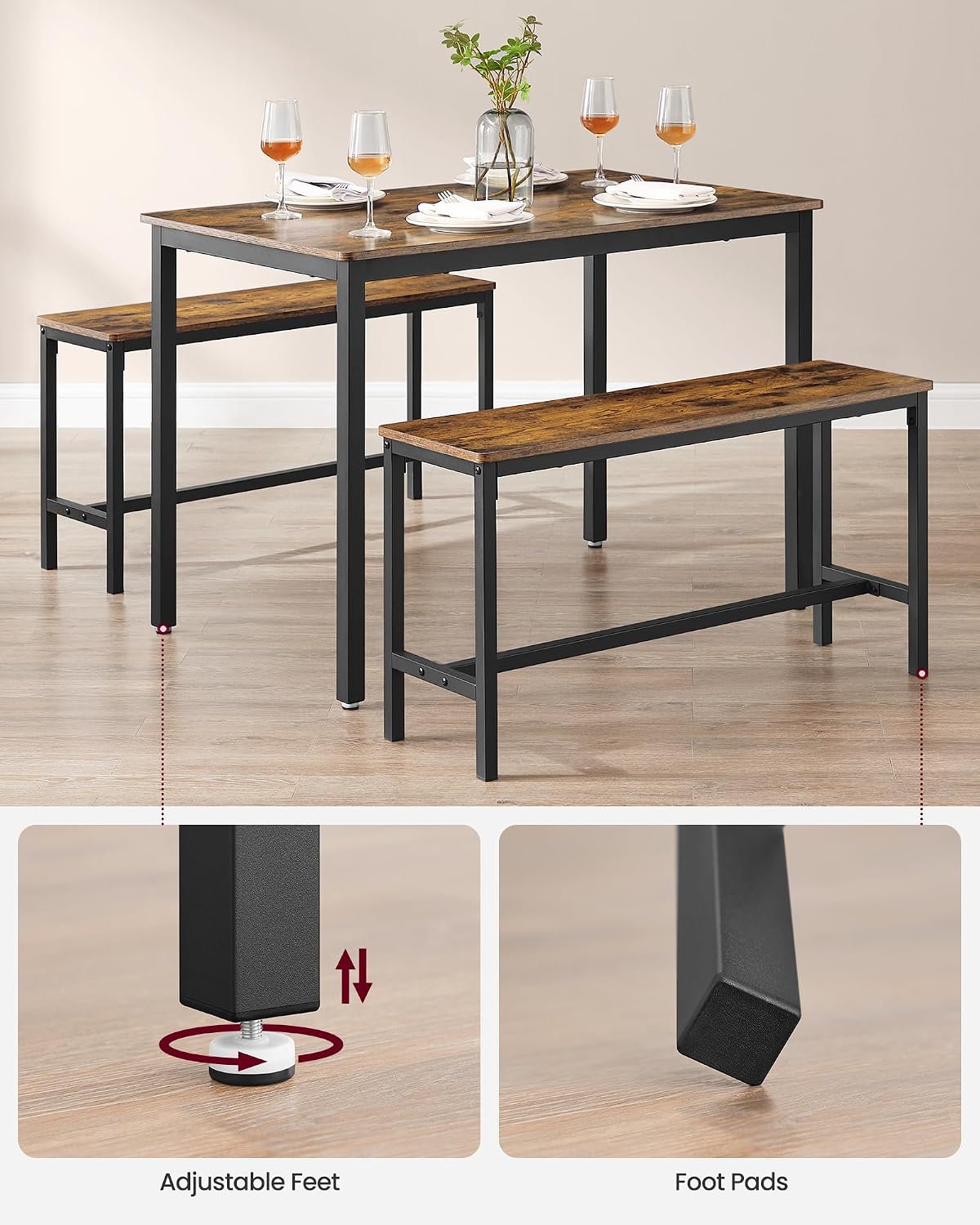 Detalle de VASAGLE BARNET KDT070B01 Dining Table Set, 110 x 70 cm with Two Benches