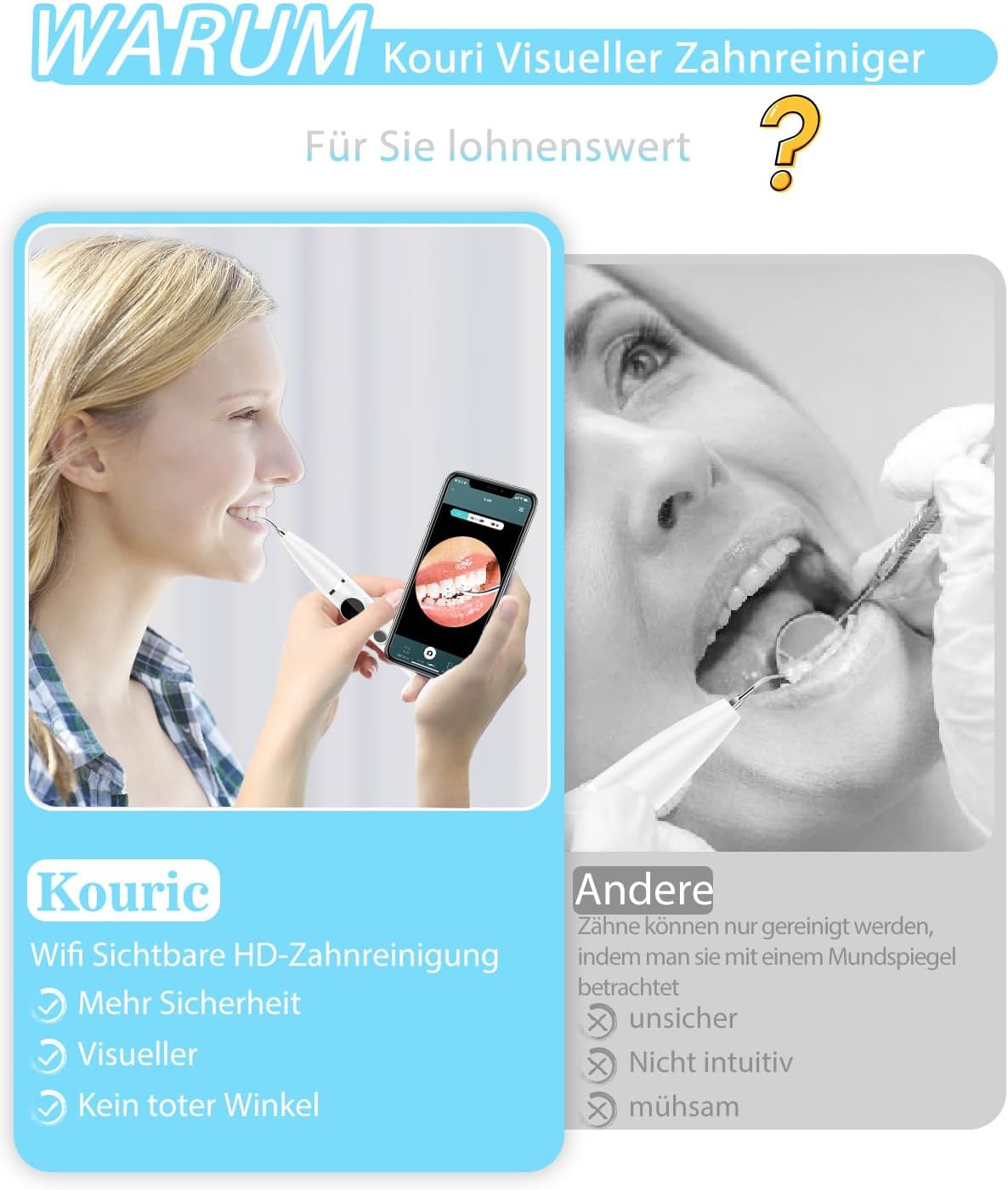 Detalle de Kouric WLAN-Zahnsteinentferner für Menschen, Hunde & Katzen mit 1080P-HD-Kamera, LED und 3 Modi