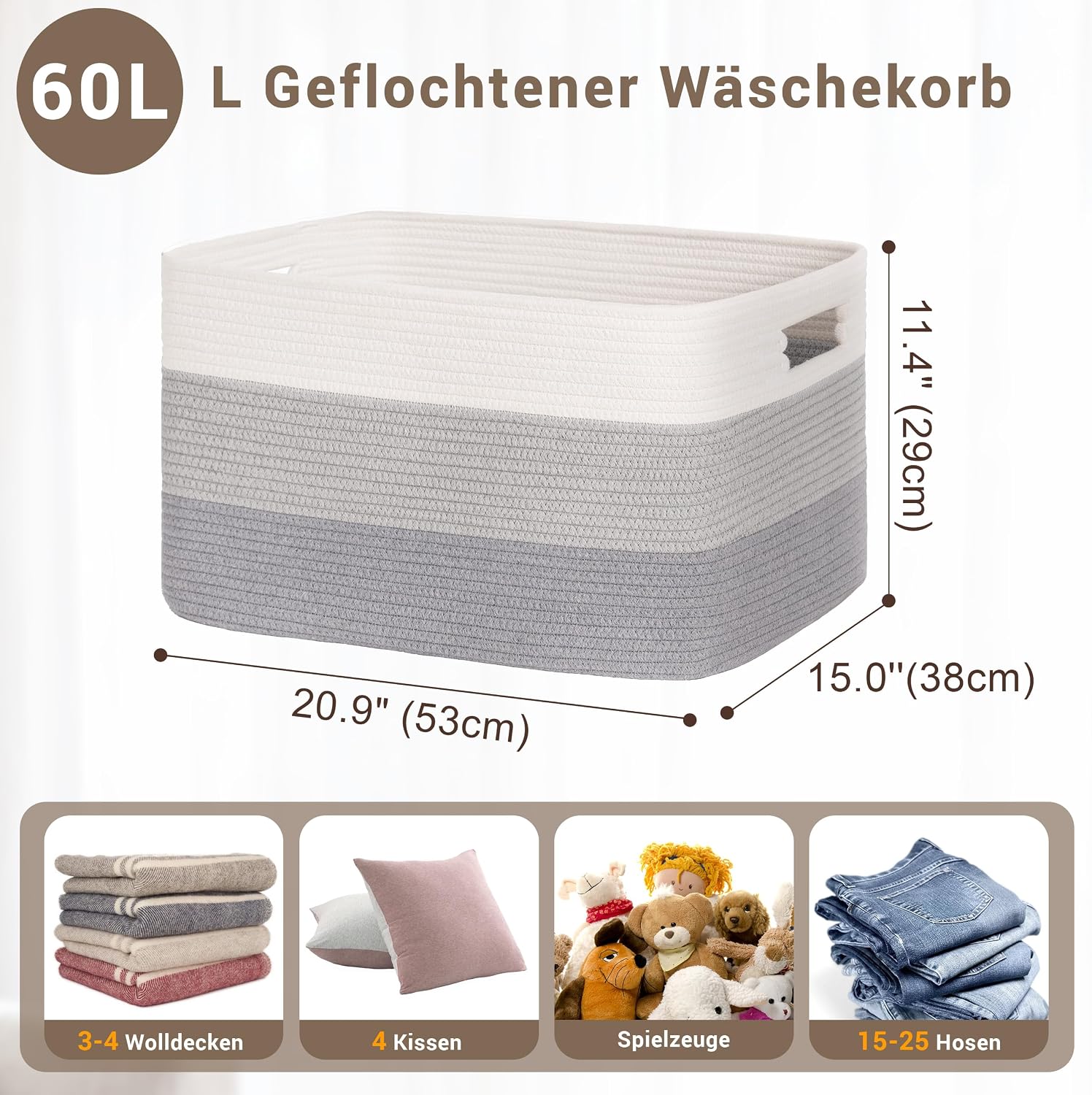 Thumbnail 6 de 60L Aufbewahrungskorb Klein aus Baumwollseil (Geflochten) mit Griffen – grau meliert für Kinderzimmer, Wäsche & mehr