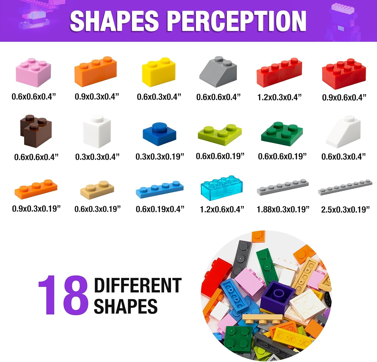 Thumbnail 5 de MANNIDOO 1600-Piece Building Bricks Set with 2 Packs Sticky Plate Base and Wheel Accessory (18 Shapes, 16 Colors)
