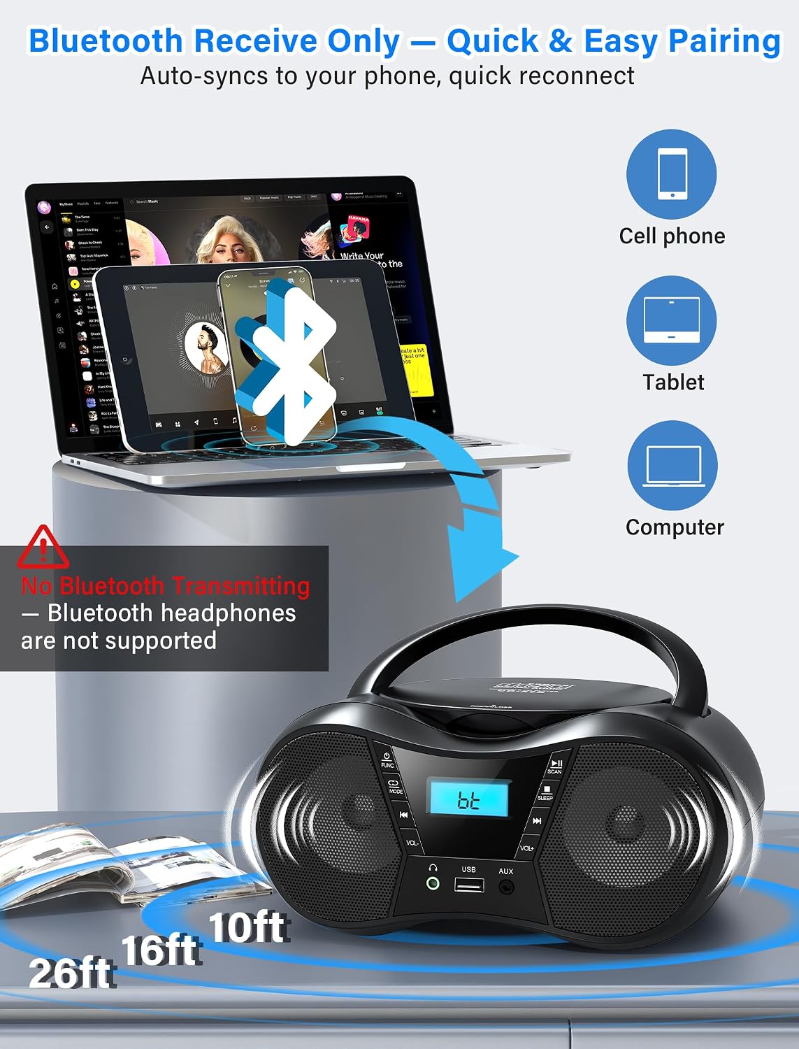 Detalle 2 de Greadio CD-X9B Portable Boombox CD Player with Bluetooth, FM Radio, USB and AUX
