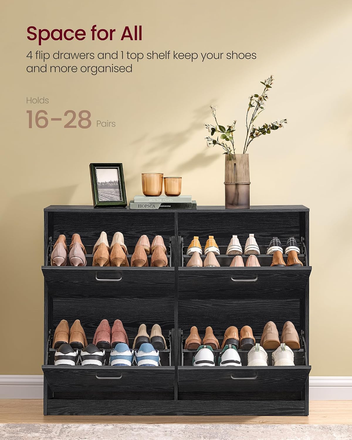 Detalle de VASAGLE LBC035B01 shoe cabinet, 4 flaps, adjustable dividers, ebony black