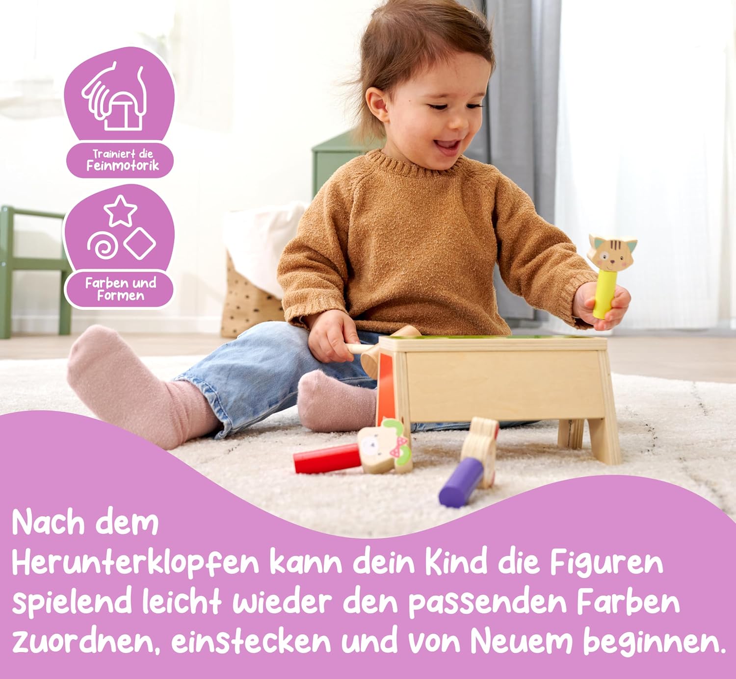 Thumbnail 3 de Eichhorn Pop Up Klopfspiel Friends – 3 bunte Spielflächen, Holzhammer, FSC Birkenholz, ab 1 Jahr, 13×19 cm