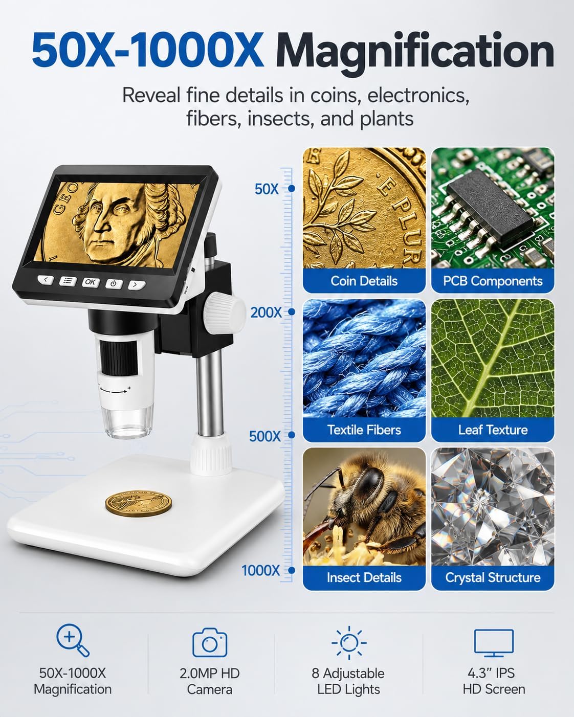 Thumbnail 2 de Coin Microscope 4.3-Inch 1000X Digital Microscope with 8 LED Lights — PC & Mac Compatible