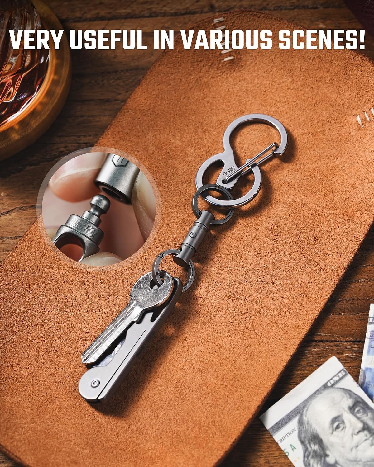 Detalle de KeyUnity Detachable Key Ring Connector (Ti-6Al-4V) with 360° Swivel – Double-end titanium key organiser
