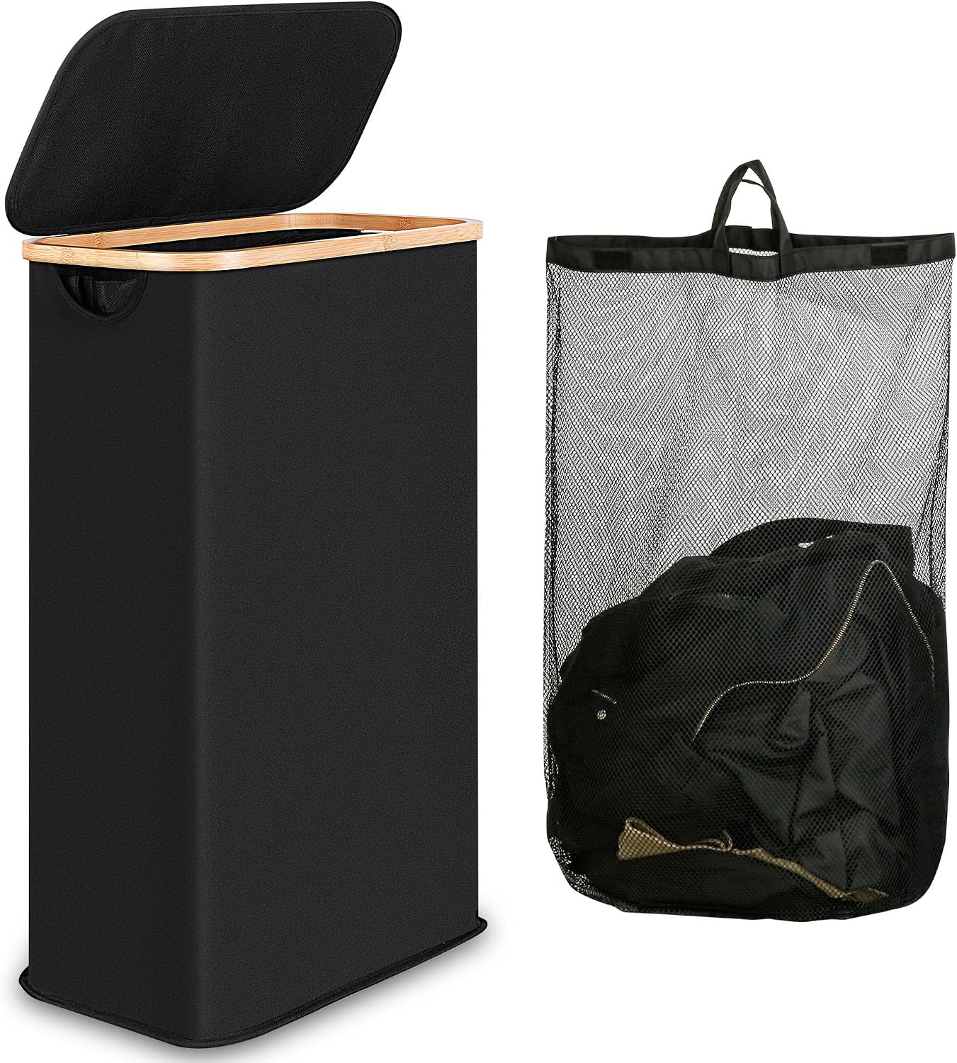 Detalle de iEGrow 60L black laundry hamper, slim fabric basket with bamboo handles