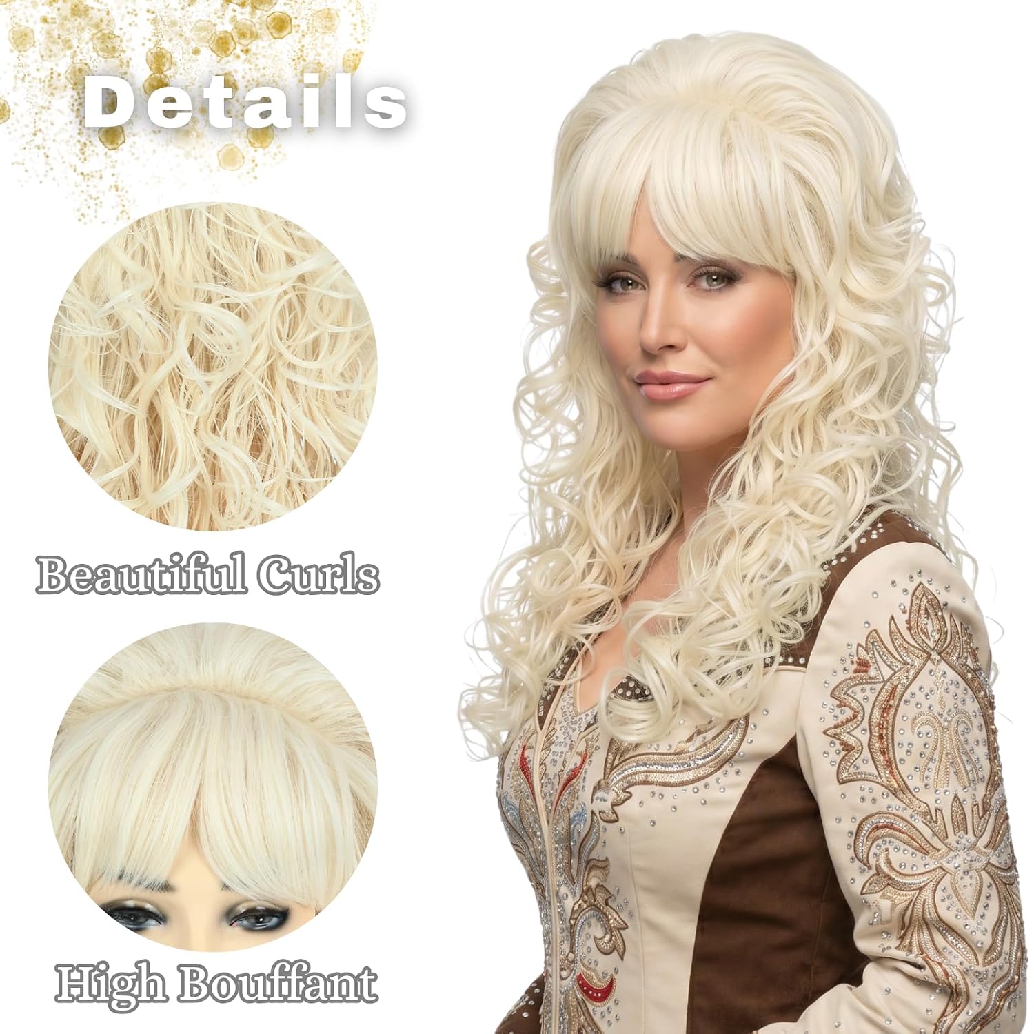 Detalle de PUREHAIR Long Blonde Curly Costume Wig with Bangs, 24-Inch Wavy Hair