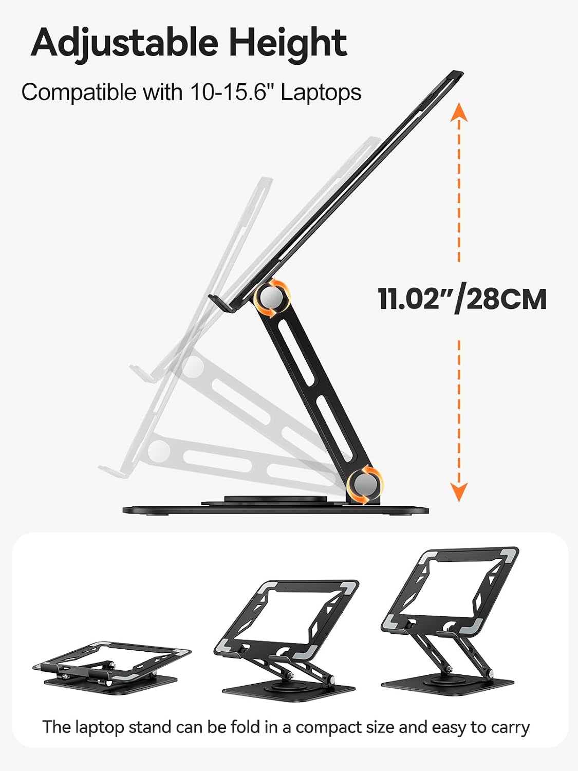 Detalle de tounee Laptop Stand for Desk — Adjustable, 360° Rotating Base, Ergonomic Riser for All Laptops 10–15.6" (Black)