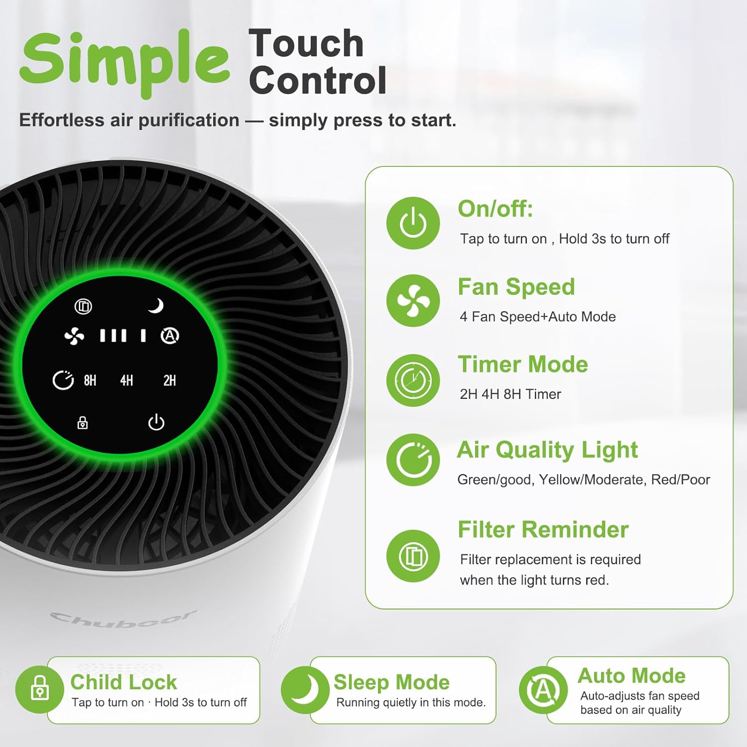 Thumbnail 2 de Chuboor Air Purifier for Bedroom Home (CADR 305m³/h) with True H13 HEPA, 5 Speeds and Sleep Mode