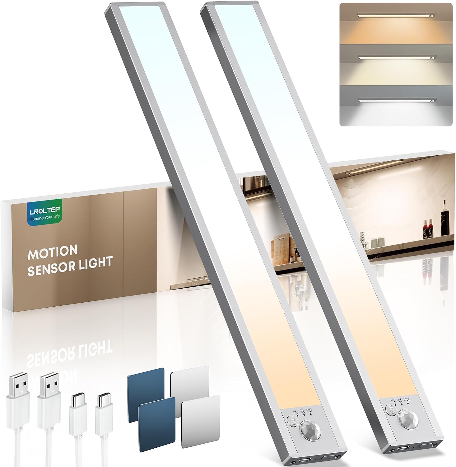 Detalle de LROLTEF cabinet kitchen lights motion sensor (dimmable, USB‑C rechargeable) 2‑pack, 40cm