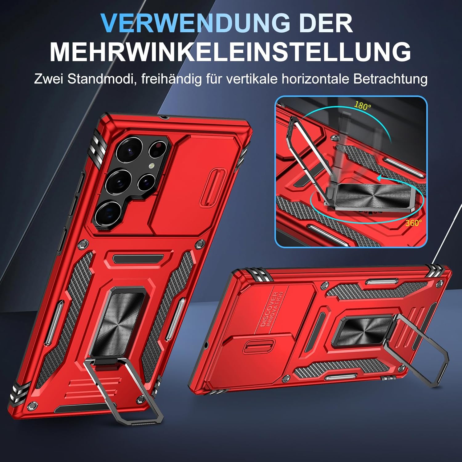 Thumbnail 1 de Handyhülle Samsung Galaxy S22 Ultra mit Slide Camera – 360° Metallring, Stoßfest und Ständer (Rot)
