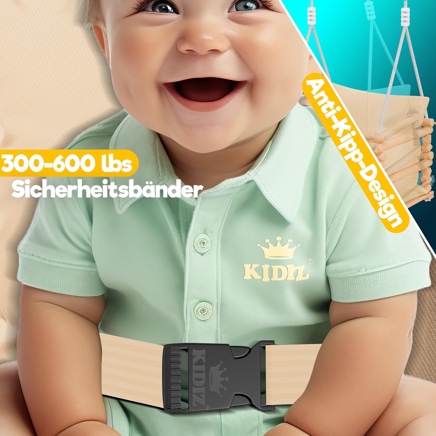 Thumbnail 6 de KIDIZ Babyschaukel für Babys ab 6 Monaten bis 3+ Jahre – höhenverstellbar, Holzschaukel mit Polsterung, Beige