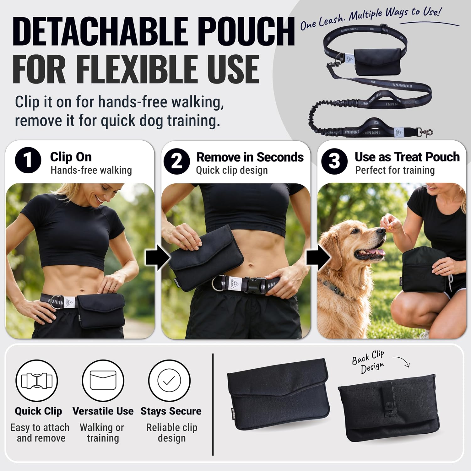 Detalle de JC HOUSE ハンズフリー犬用リード ウエストベルト・収納ポーチ付き、バンジー式・2つのハンドル