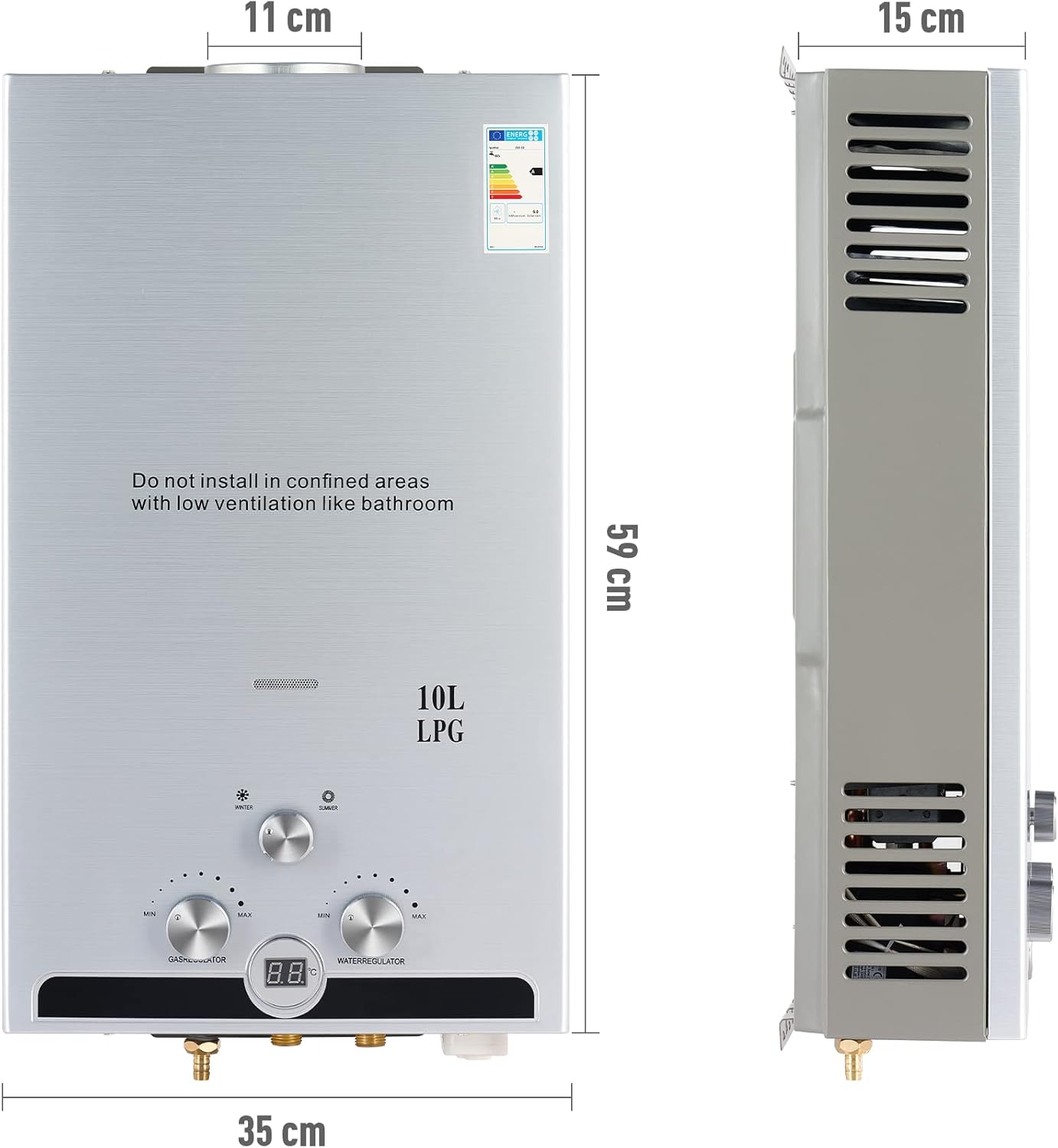 Detalle 2 de CO-Z Scaldabagno a gas GPL 10L da 17 kW a parete senza serbatoio con modalità Inverno/Estate e display LED