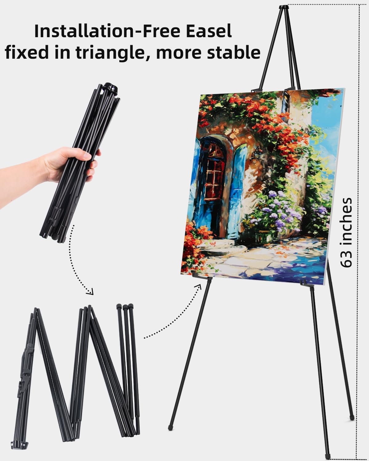 Detalle de Nicpro Folding Easel for Display, 63-Inch Metal Floor Easel Stand – Portable Black Tripod with Carry Bag