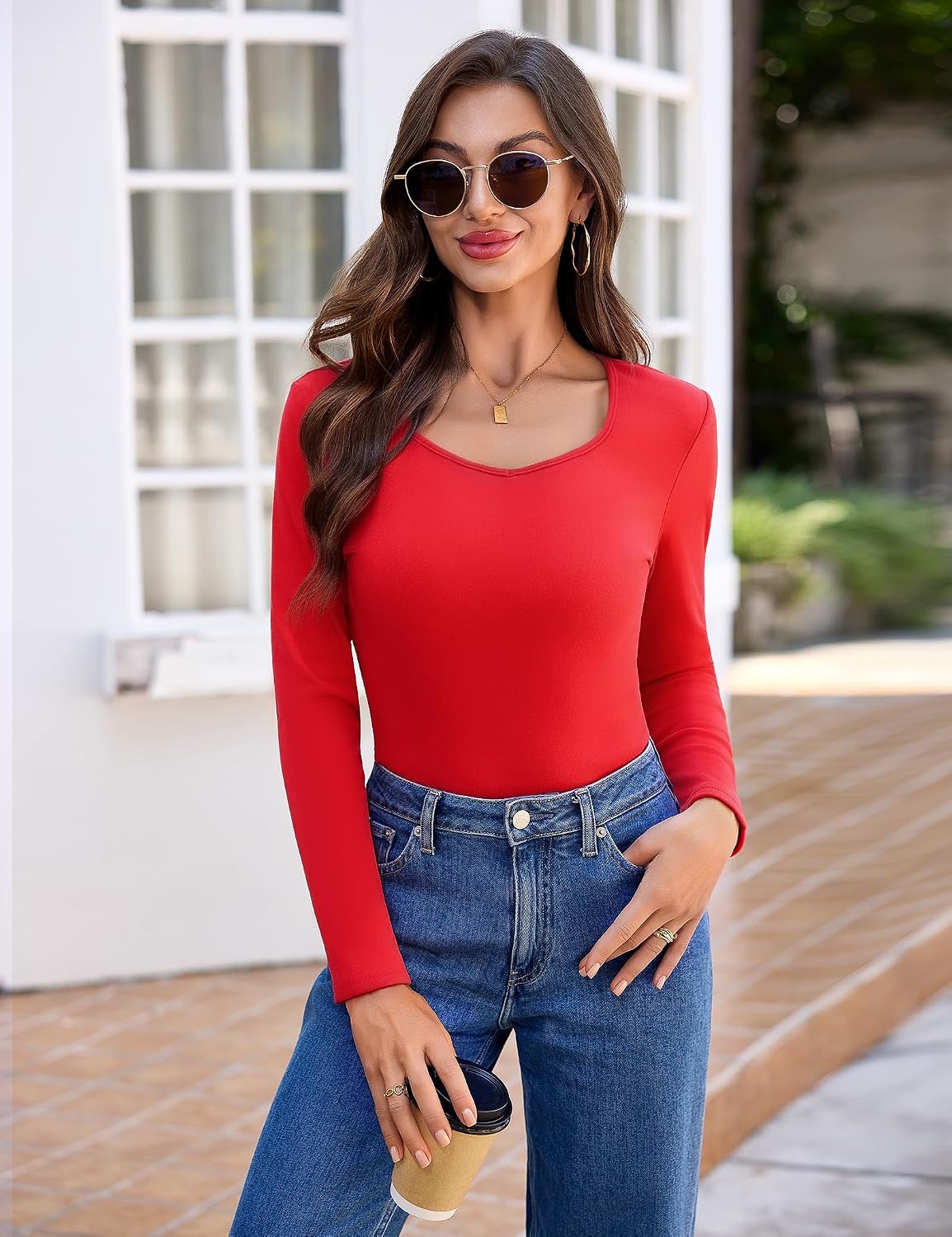 Detalle de Haut Thermique Femme à Manches Longues Aottori – T-shirt léger, slim fit, col carré, base hiver/automne