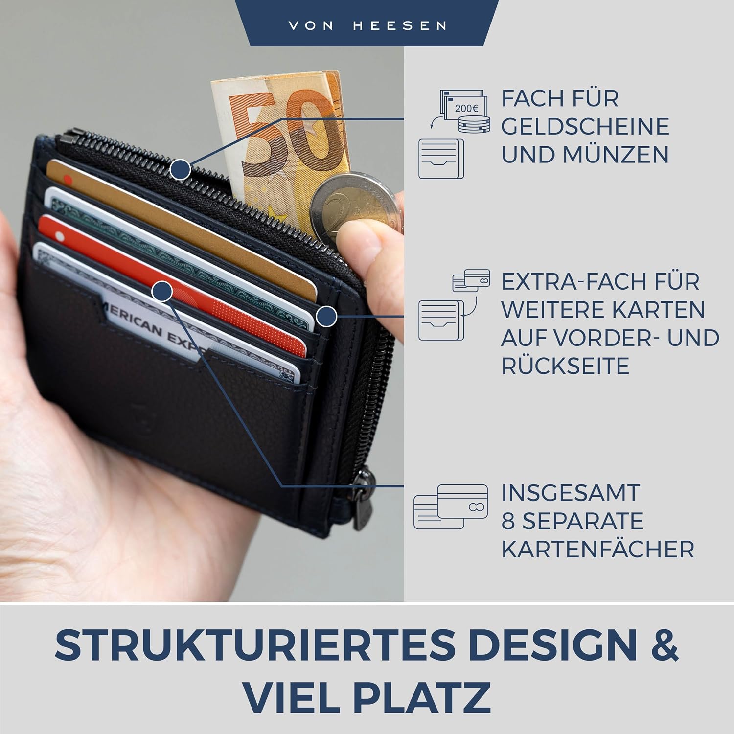 Detalle de VON HEESEN Leder Kartenetui Geldbörse – Medium, Dunkelblau