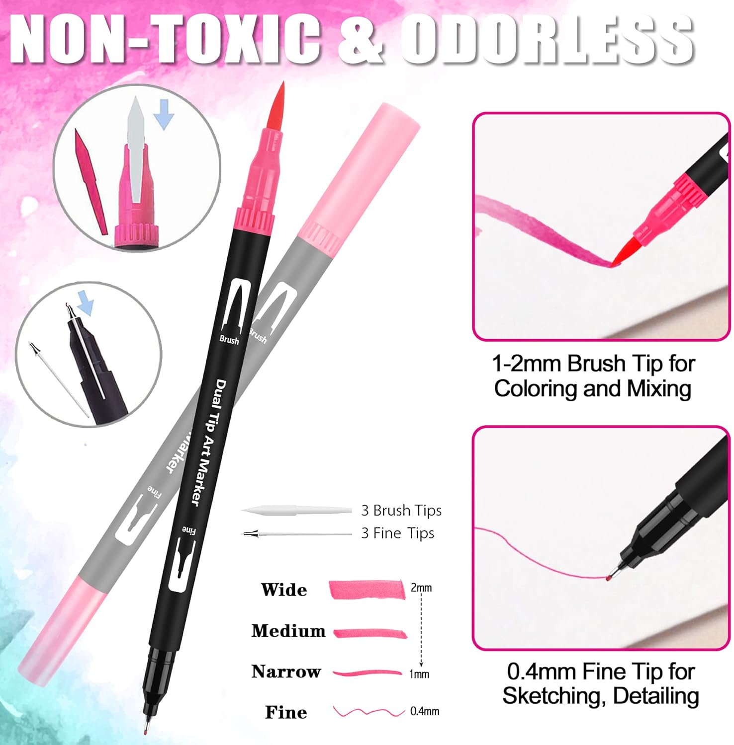 Detalle 2 de wonsar Dual Brush Pen Set – 72 Farben mit 0,4 mm Fineliner- und 1–2 mm Pinselspitze