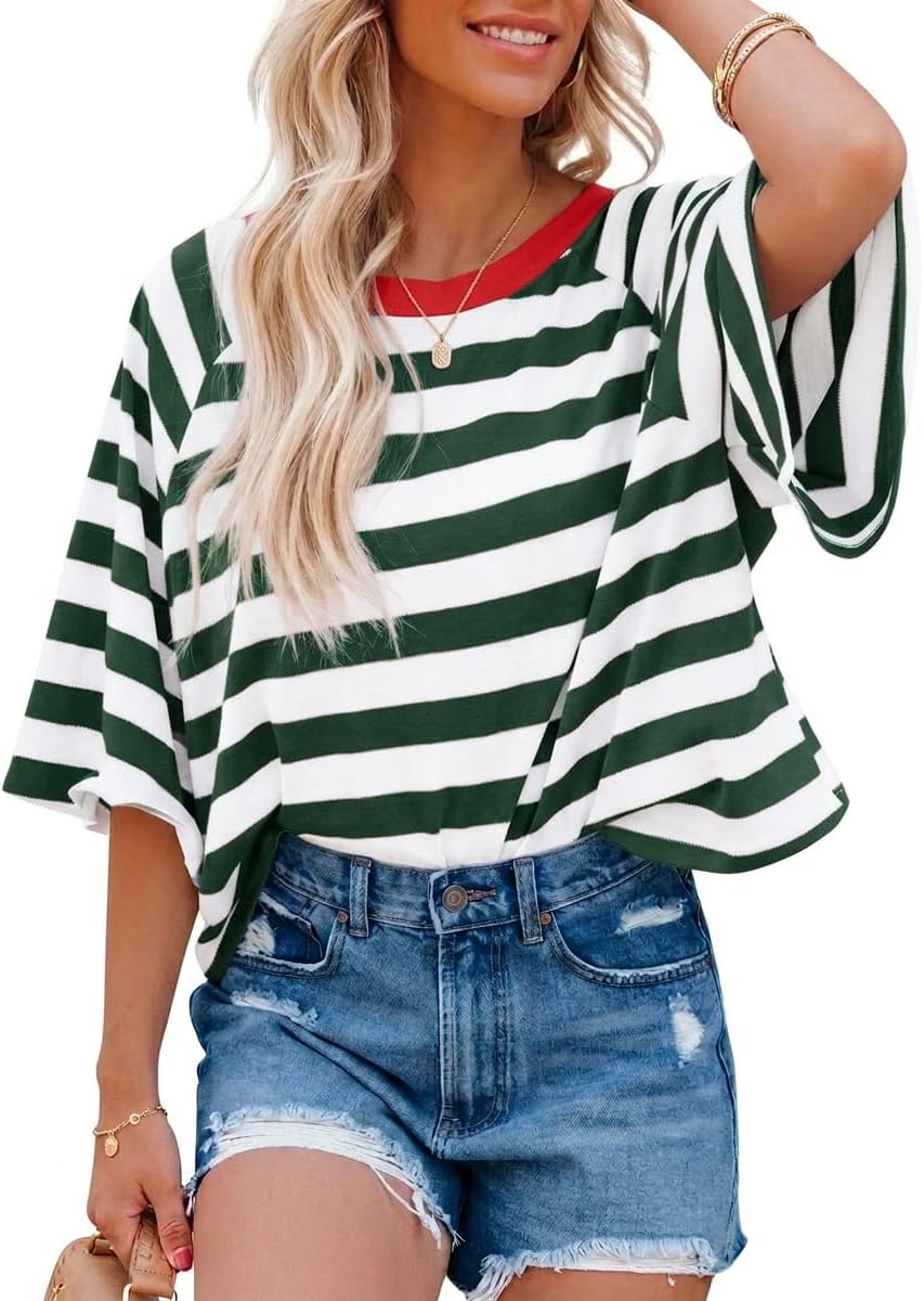 Detalle de Chicrise Damen Oversize Ringelshirt – Sommer Kurzarm Top im Streifenlook