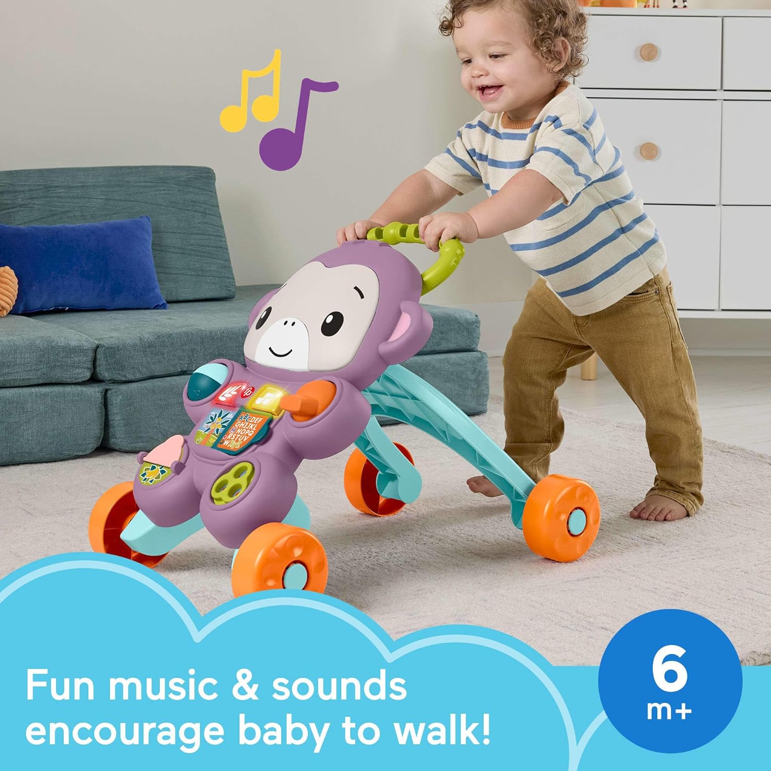 Detalle 2 de Fisher-Price Learn with Me Purple Monkey Walker: Musical Push Toy for Babies 6+ Months (JLD58)