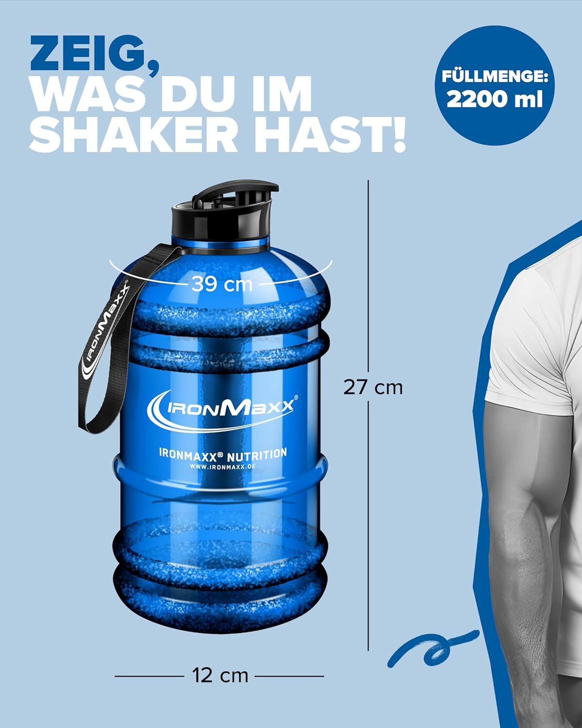 Thumbnail 4 de IronMaxx Water Gallon Blau 2200ml – BPA & DEHP frei, auslaufsicher mit Messskala