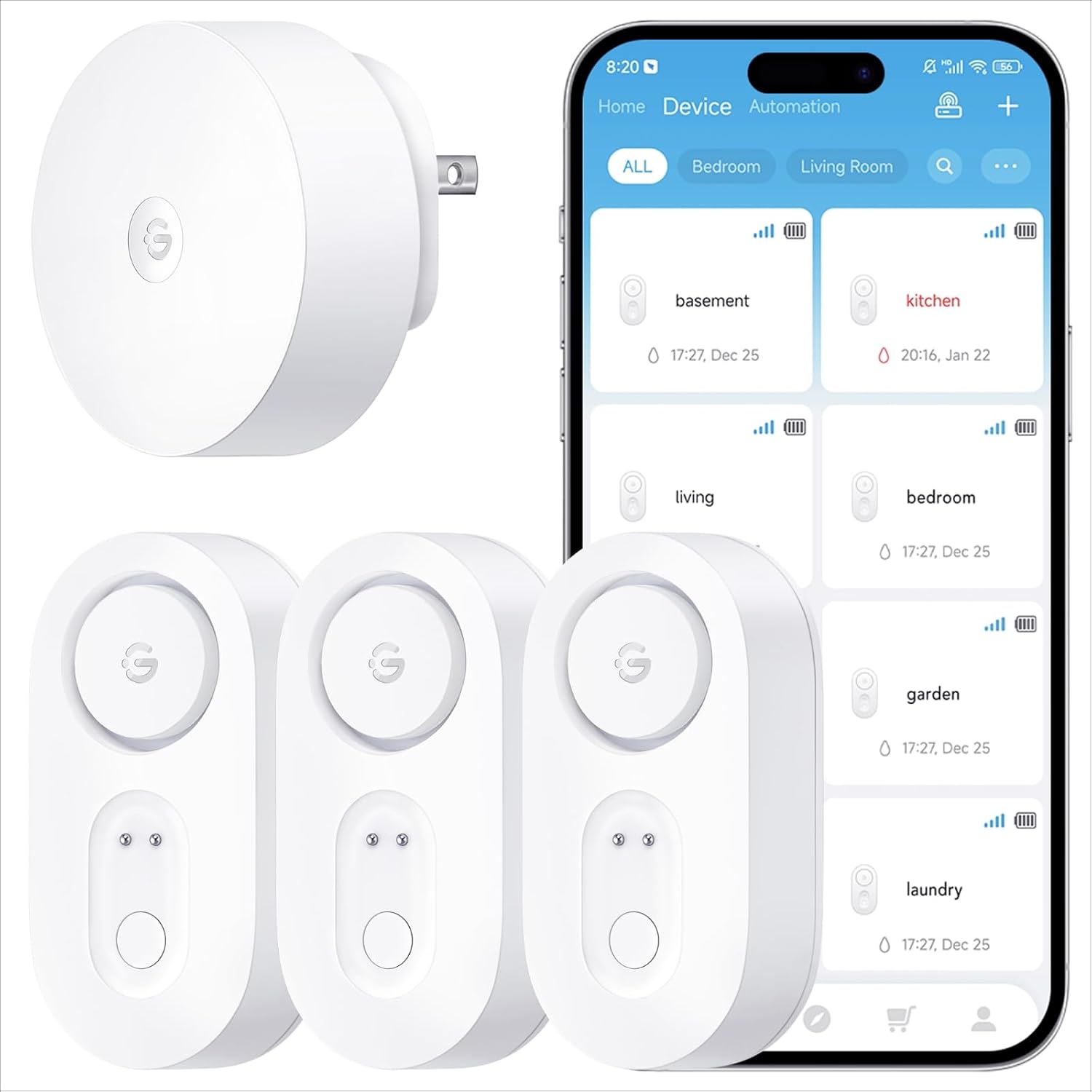 Detalle de GoveeLife 1s Smart Water Leak Detector, 3-Pack with 1804ft Range and IP67