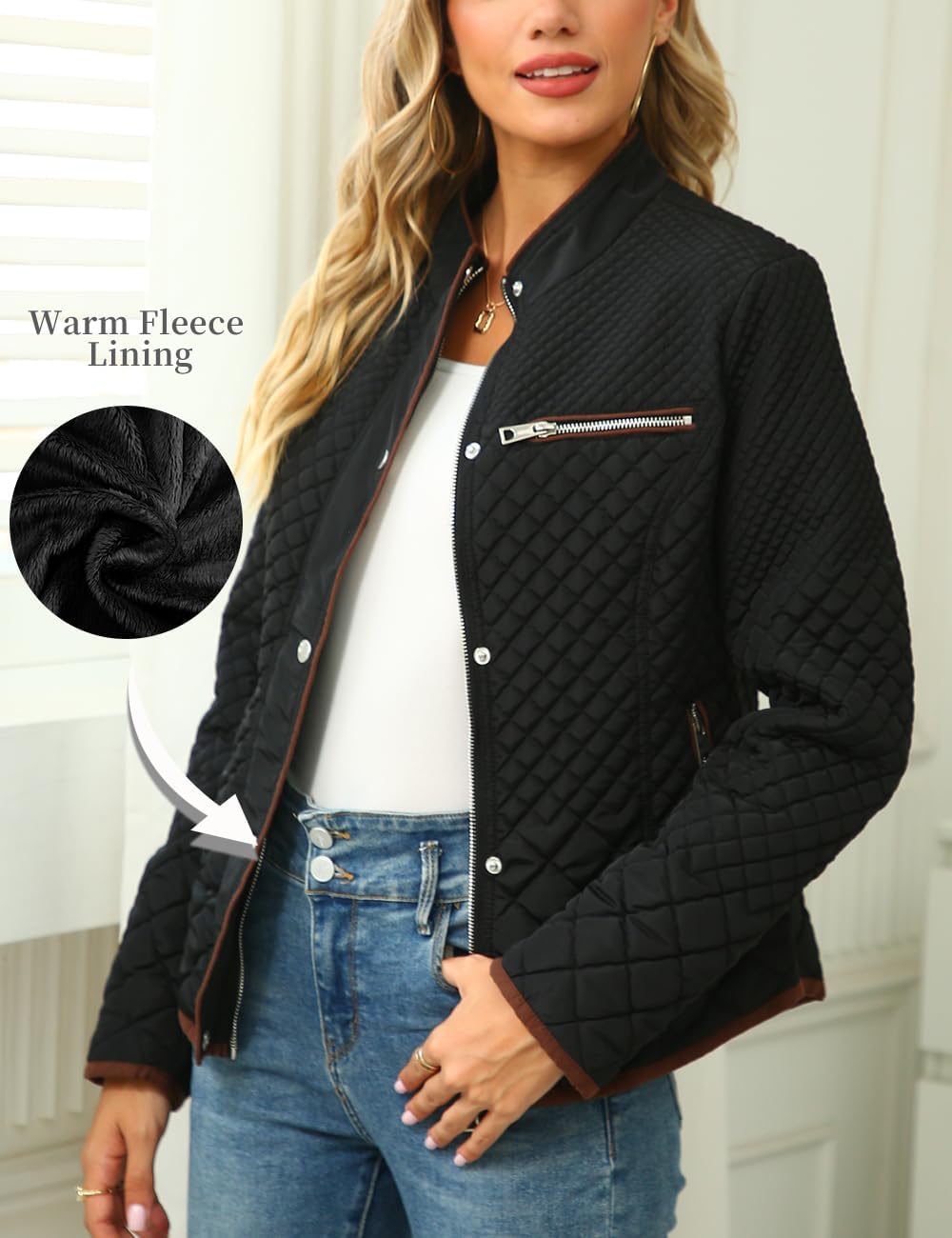 Detalle de Bellivera Women’s Stand Collar Lightweight Quilted Puffer Jacket with Zip & Button Closures