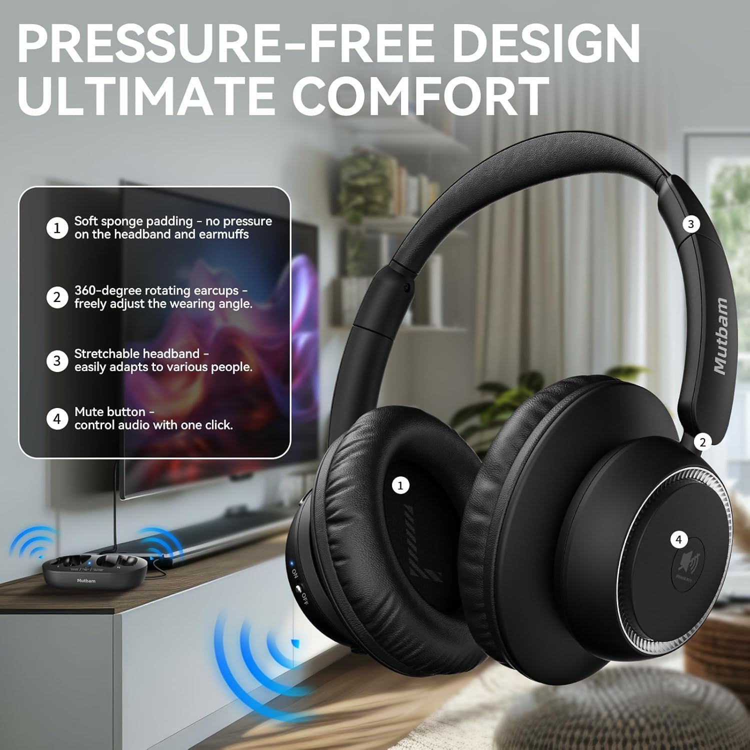Thumbnail 5 de Mutbam Wireless Headphones for TV with Charging Dock — low-latency TV listening for seniors
