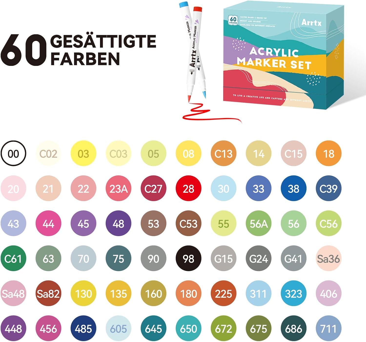Detalle de Arrtx 60 Farben Acrylstifte – Acrylmarker wasserfest für Steine, Holz, Leinwand & DIY